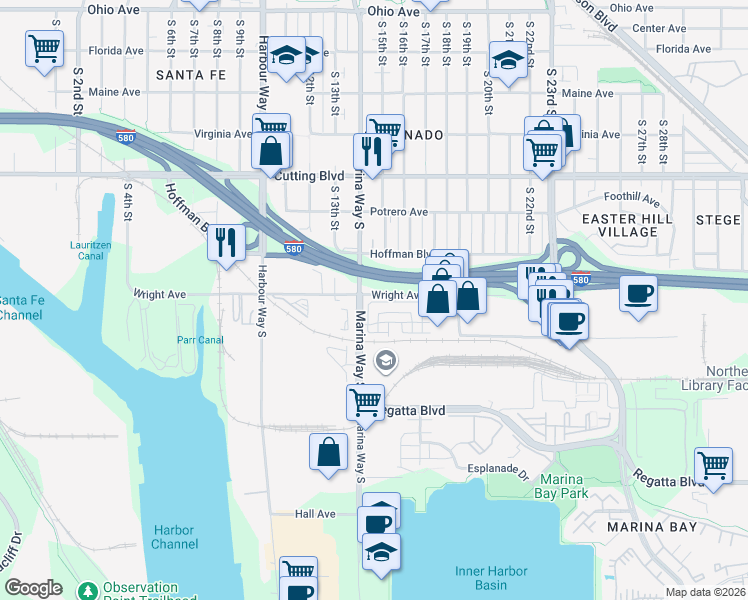 map of restaurants, bars, coffee shops, grocery stores, and more near 1442 Seawind Drive in Richmond