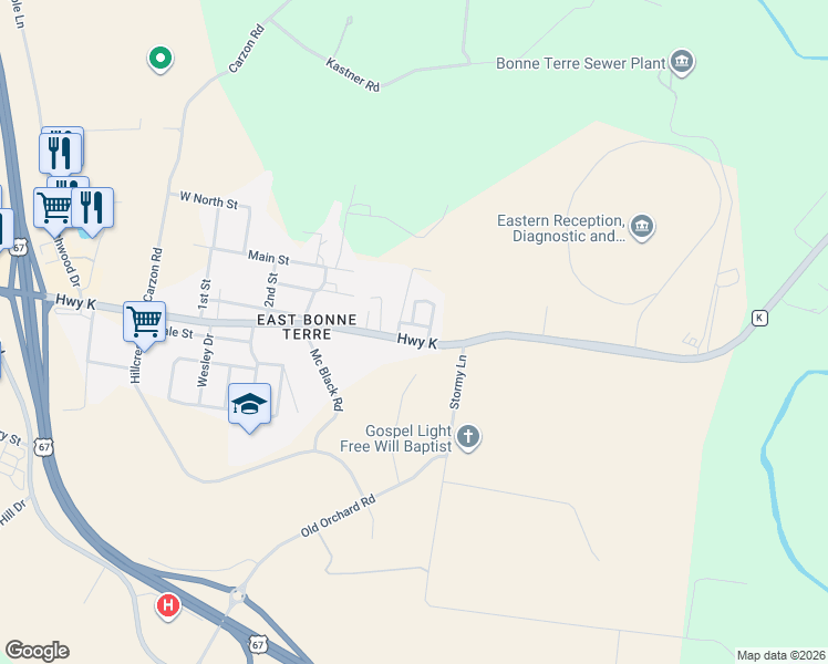 map of restaurants, bars, coffee shops, grocery stores, and more near 2573 Taylor Street in Bonne Terre