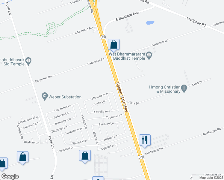 map of restaurants, bars, coffee shops, grocery stores, and more near 3235 McCook Way in Stockton