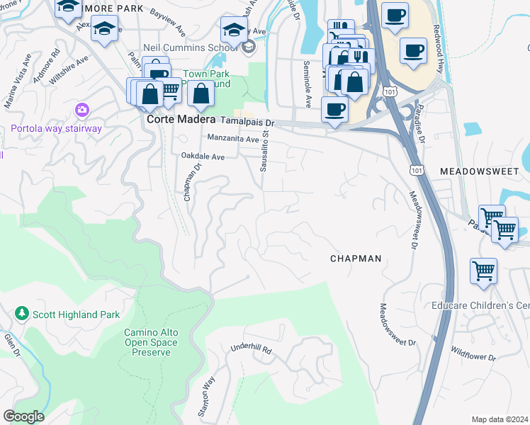 map of restaurants, bars, coffee shops, grocery stores, and more near Sausalito St & Sunnyside Ave in Corte Madera