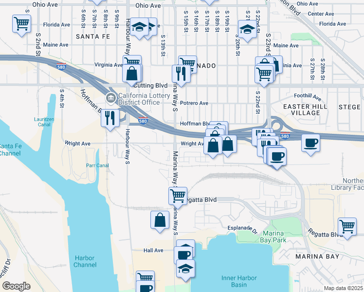map of restaurants, bars, coffee shops, grocery stores, and more near 1442 Seawind Drive in Richmond