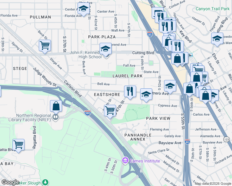 map of restaurants, bars, coffee shops, grocery stores, and more near 800 South 45th Street in Richmond