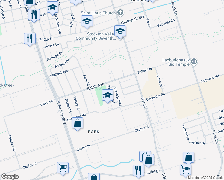 map of restaurants, bars, coffee shops, grocery stores, and more near 3320 Durango Way in Stockton
