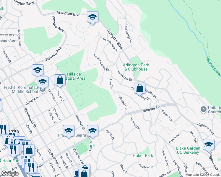 map of restaurants, bars, coffee shops, grocery stores, and more near 1237 King Drive in El Cerrito