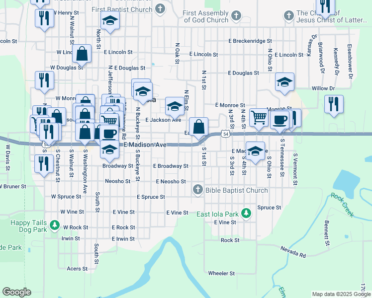 map of restaurants, bars, coffee shops, grocery stores, and more near 600-698 E Madison Ave in Iola