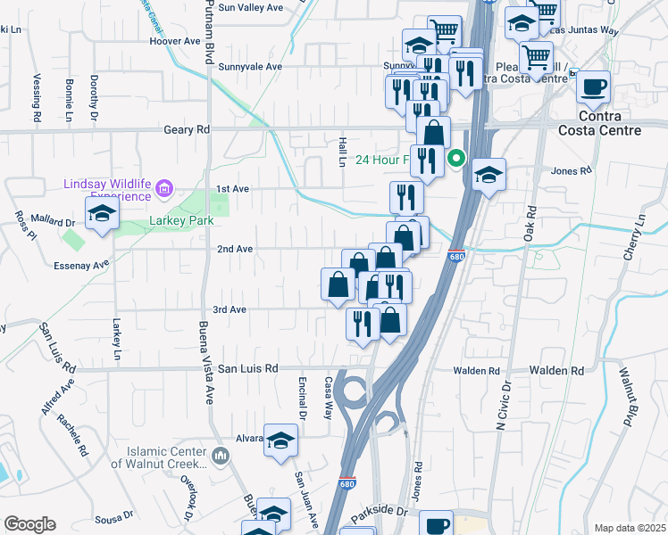 map of restaurants, bars, coffee shops, grocery stores, and more near 2671 Baldwin Lane in Walnut Creek