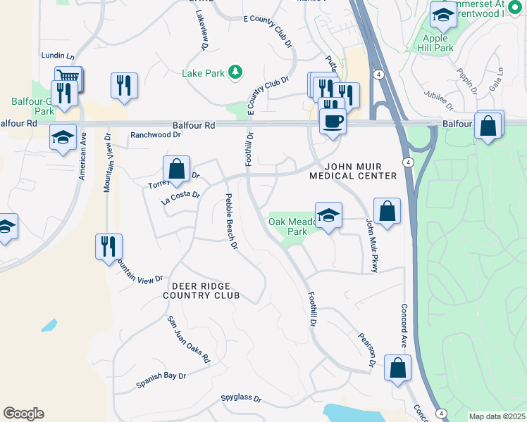 map of restaurants, bars, coffee shops, grocery stores, and more near 221 Chaparral Drive in Brentwood