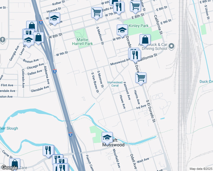 map of restaurants, bars, coffee shops, grocery stores, and more near 2744 South Monroe Street in Stockton