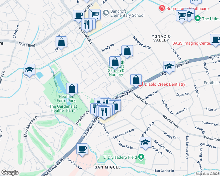 map of restaurants, bars, coffee shops, grocery stores, and more near 220 Park Lake Circle in Walnut Creek