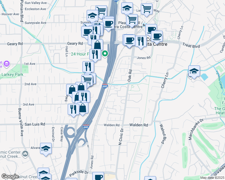 map of restaurants, bars, coffee shops, grocery stores, and more near 2640 Jones Road in Walnut Creek