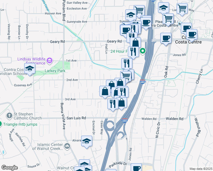 map of restaurants, bars, coffee shops, grocery stores, and more near 2683 Baldwin Lane in Walnut Creek
