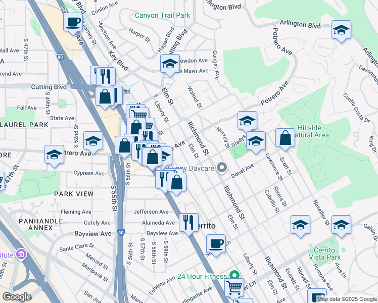 map of restaurants, bars, coffee shops, grocery stores, and more near 1538 Elm Street in El Cerrito