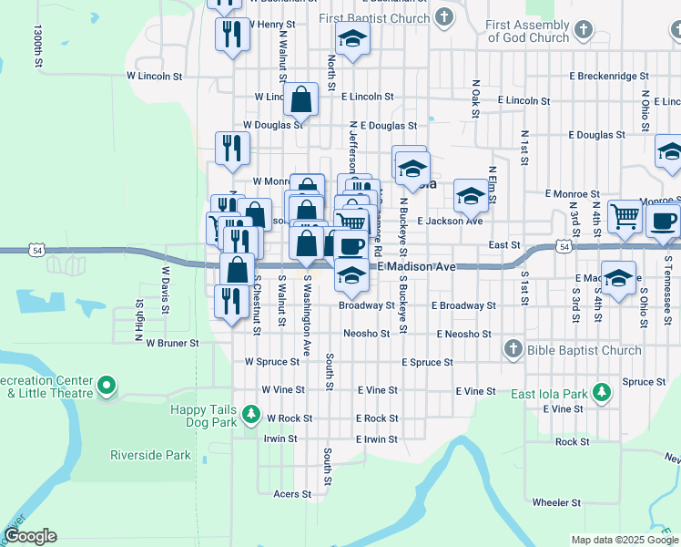 map of restaurants, bars, coffee shops, grocery stores, and more near in Iola