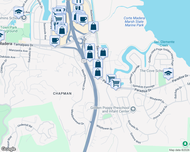 map of restaurants, bars, coffee shops, grocery stores, and more near Paradise Drive & Koch Road in Corte Madera