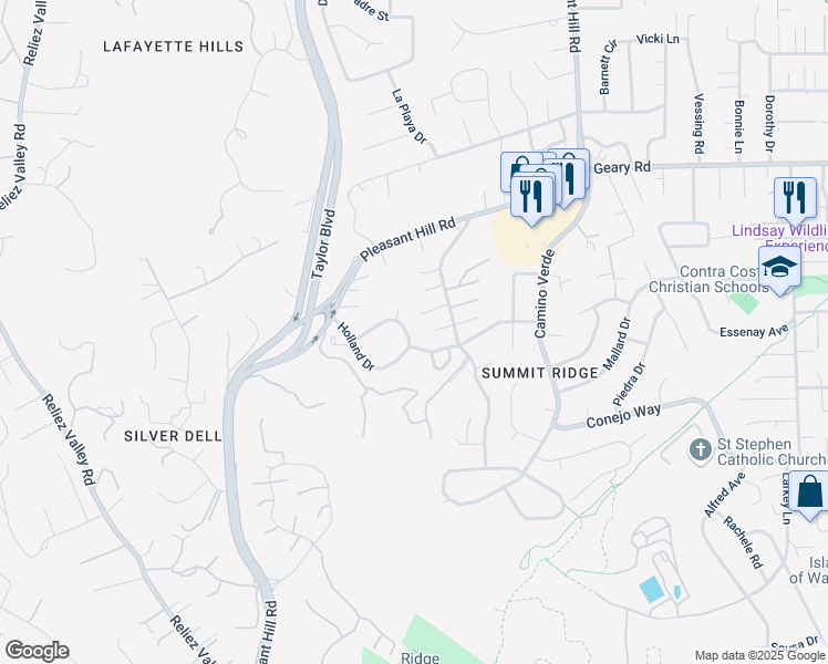 map of restaurants, bars, coffee shops, grocery stores, and more near 35 Huston Court in Lafayette