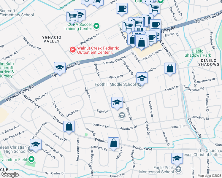map of restaurants, bars, coffee shops, grocery stores, and more near 253 Corte De La Reina in Walnut Creek