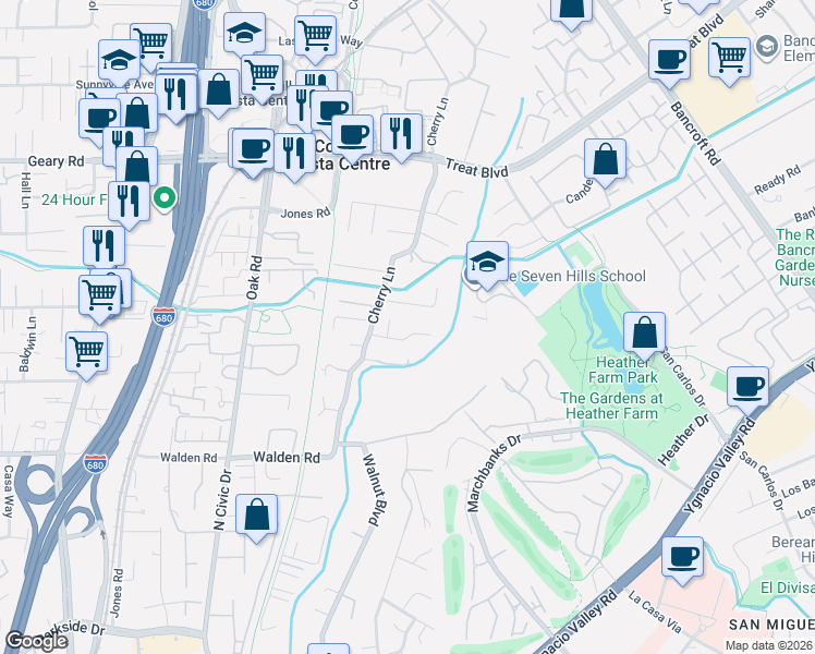 map of restaurants, bars, coffee shops, grocery stores, and more near 40 Cora Court in Walnut Creek