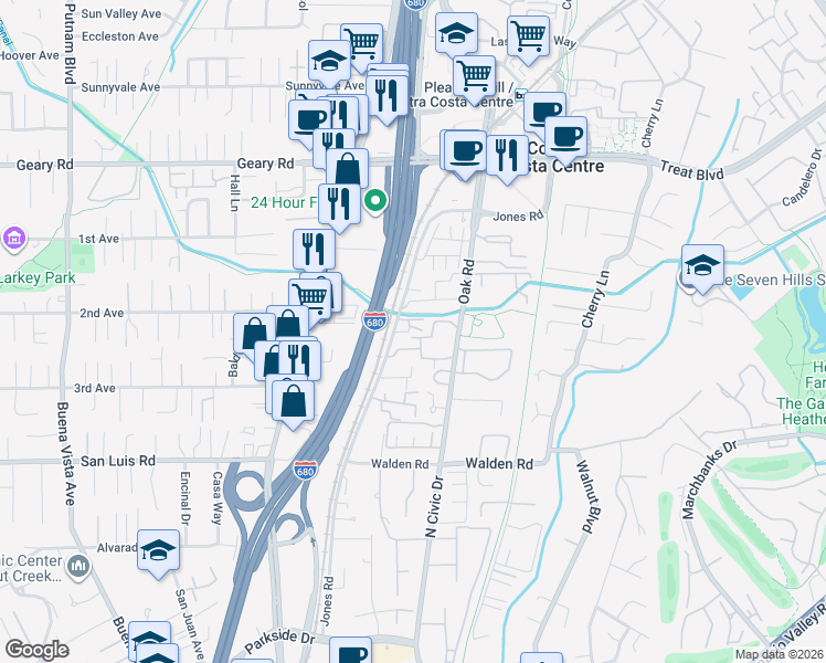 map of restaurants, bars, coffee shops, grocery stores, and more near 2675 Oak Road in Walnut Creek