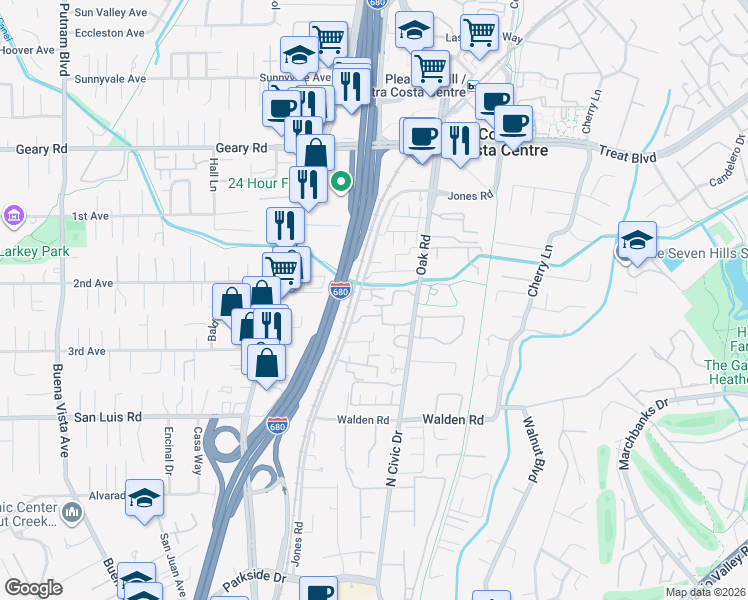 map of restaurants, bars, coffee shops, grocery stores, and more near 2675 Oak Road in Walnut Creek