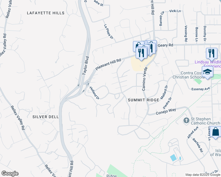 map of restaurants, bars, coffee shops, grocery stores, and more near 35 Huston Court in Lafayette