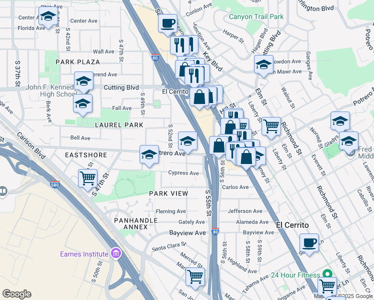 map of restaurants, bars, coffee shops, grocery stores, and more near 5210 Gordon Avenue in El Cerrito