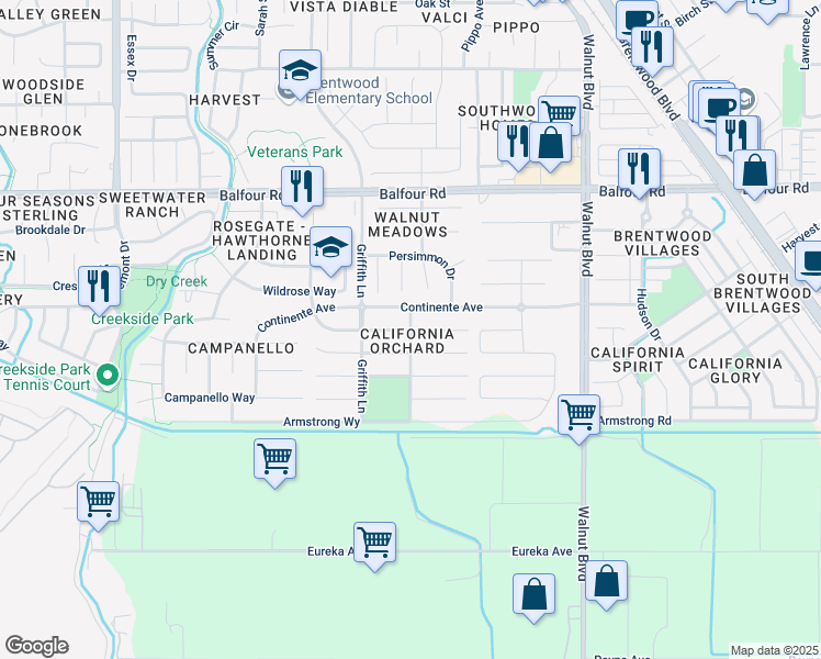 map of restaurants, bars, coffee shops, grocery stores, and more near Date Nut Street & Edgefield Place in Brentwood