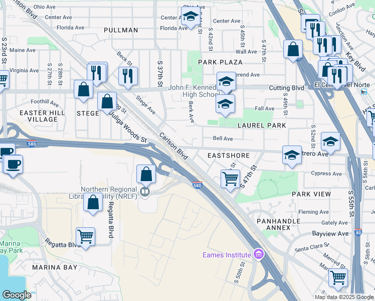 map of restaurants, bars, coffee shops, grocery stores, and more near 3936 Potrero Avenue in Richmond