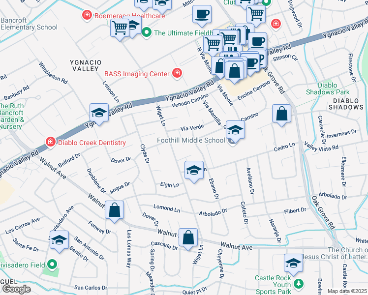 map of restaurants, bars, coffee shops, grocery stores, and more near 253 Corte De La Reina in Walnut Creek