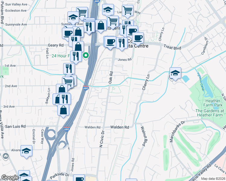 map of restaurants, bars, coffee shops, grocery stores, and more near 2698 Oak Road in Walnut Creek