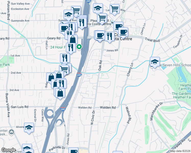 map of restaurants, bars, coffee shops, grocery stores, and more near 2665 Oak Road in Walnut Creek