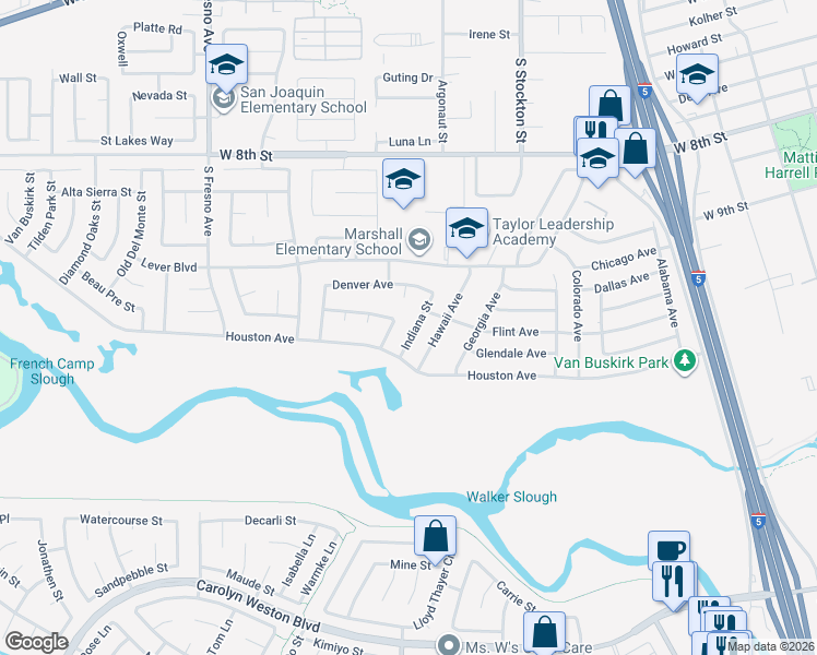map of restaurants, bars, coffee shops, grocery stores, and more near 2717 Spring Hill Drive in Stockton