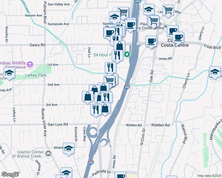 map of restaurants, bars, coffee shops, grocery stores, and more near 2678 North Main Street in Walnut Creek