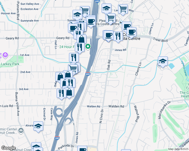 map of restaurants, bars, coffee shops, grocery stores, and more near 2650 Jones Road in Walnut Creek