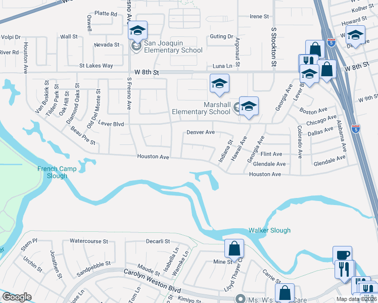 map of restaurants, bars, coffee shops, grocery stores, and more near 2726 Horizon Court in Stockton