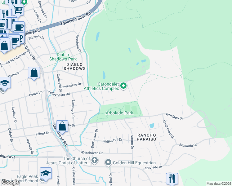 map of restaurants, bars, coffee shops, grocery stores, and more near 495 Boundary Oak Way in Walnut Creek