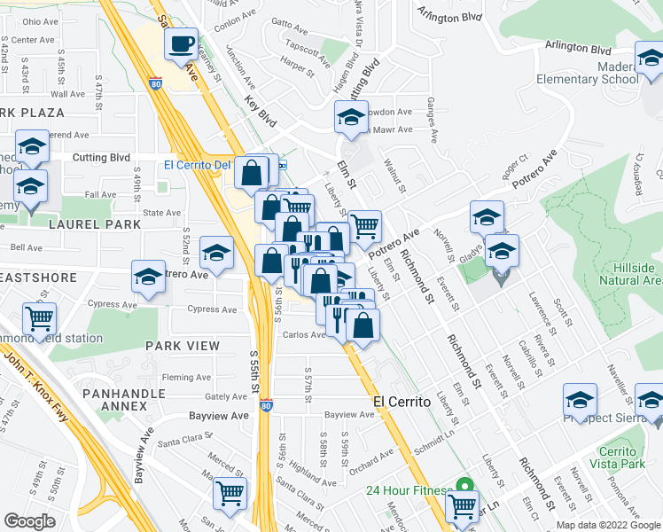 map of restaurants, bars, coffee shops, grocery stores, and more near 1614 Kearney Street in El Cerrito
