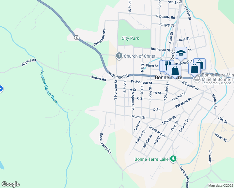 map of restaurants, bars, coffee shops, grocery stores, and more near 417 A Street in Bonne Terre