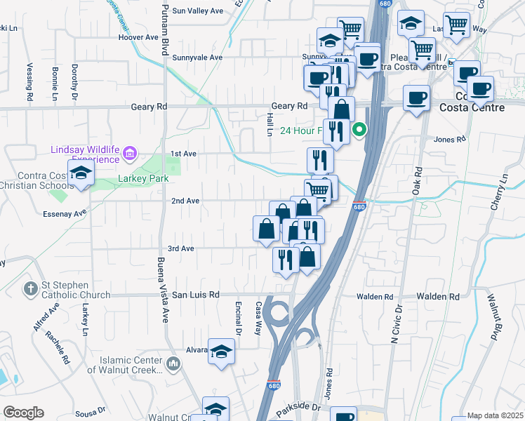 map of restaurants, bars, coffee shops, grocery stores, and more near 1611 2nd Avenue in Walnut Creek