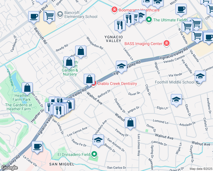 map of restaurants, bars, coffee shops, grocery stores, and more near 2175 Ygnacio Valley Road in Walnut Creek