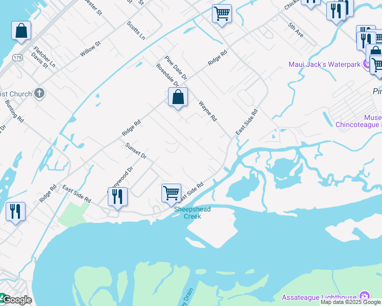 map of restaurants, bars, coffee shops, grocery stores, and more near 7299 Mason Drive in Chincoteague Island