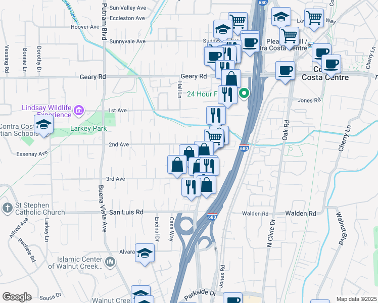 map of restaurants, bars, coffee shops, grocery stores, and more near 25 Baldwin Court in Walnut Creek