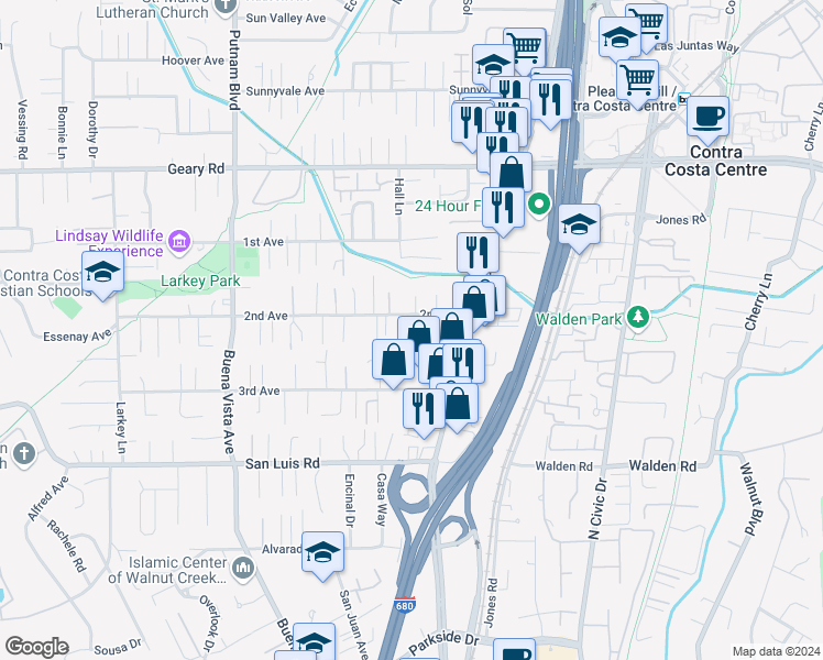 map of restaurants, bars, coffee shops, grocery stores, and more near 2682 Baldwin Lane in Walnut Creek