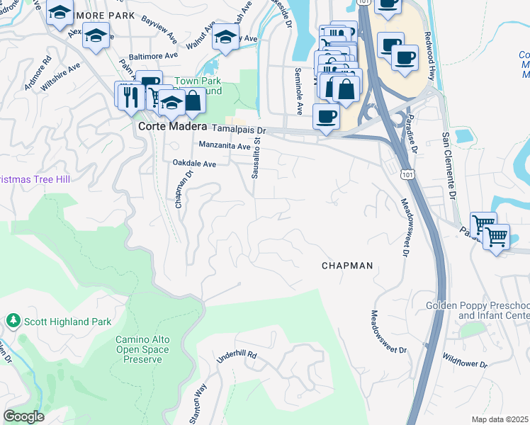 map of restaurants, bars, coffee shops, grocery stores, and more near 9 Sunnyside Avenue in Corte Madera
