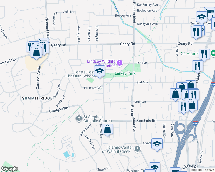 map of restaurants, bars, coffee shops, grocery stores, and more near 1937 2nd Avenue in Walnut Creek
