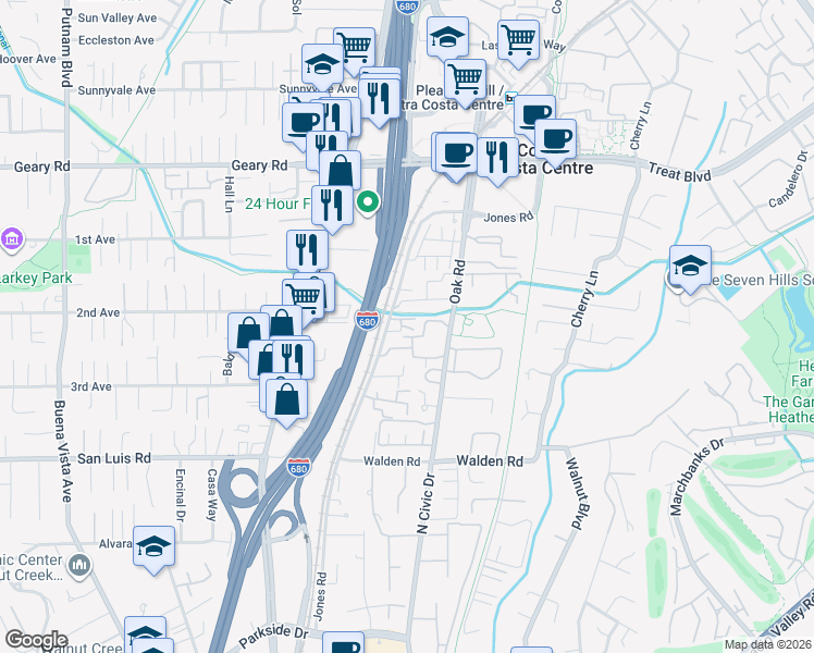 map of restaurants, bars, coffee shops, grocery stores, and more near 2650 Jones Road in Walnut Creek