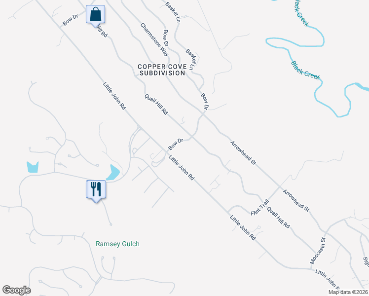 map of restaurants, bars, coffee shops, grocery stores, and more near 3863 Bow Drive in Copperopolis