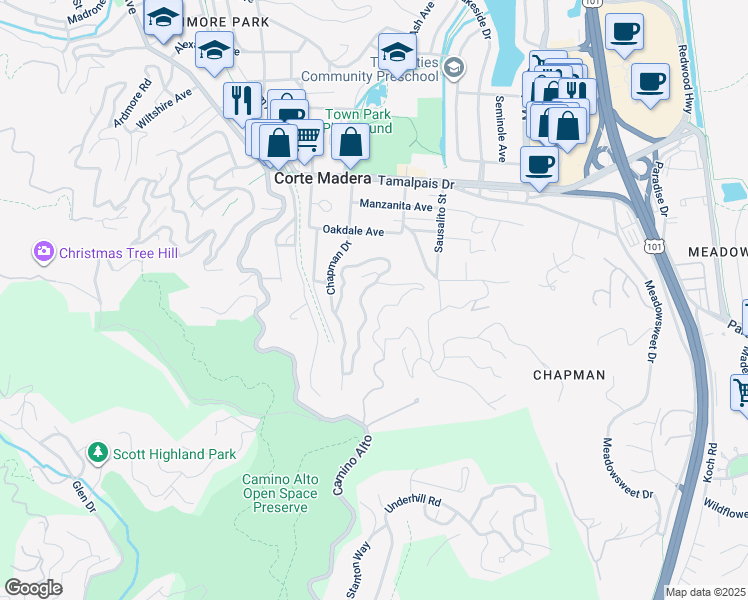 map of restaurants, bars, coffee shops, grocery stores, and more near 621 Chapman Drive in Corte Madera