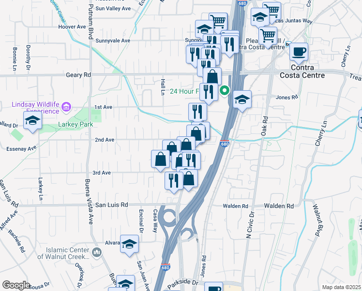 map of restaurants, bars, coffee shops, grocery stores, and more near 20 Mission Lane in Walnut Creek