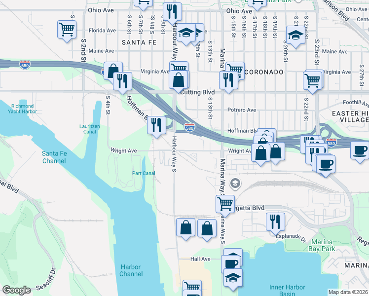 map of restaurants, bars, coffee shops, grocery stores, and more near 1101 Wright Avenue in Richmond