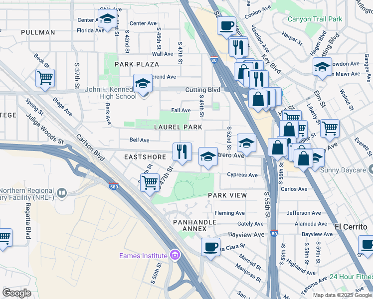map of restaurants, bars, coffee shops, grocery stores, and more near 4725 Potrero Avenue in Richmond